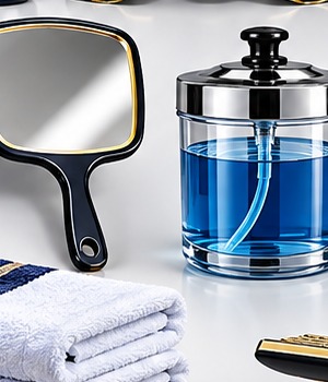 Salon mirror and disinfectant jar