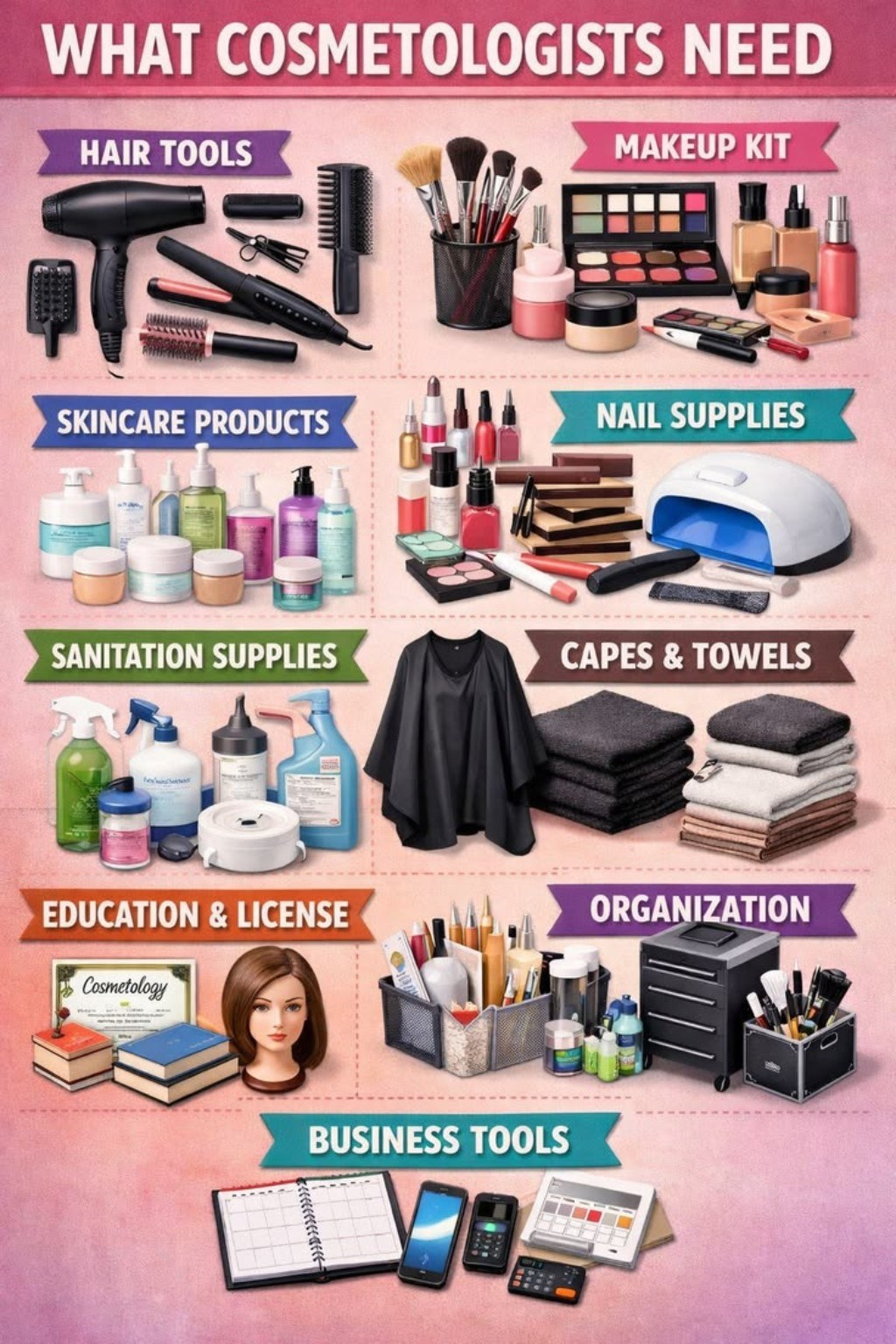 Cosmetology tools checklist and beauty supply board